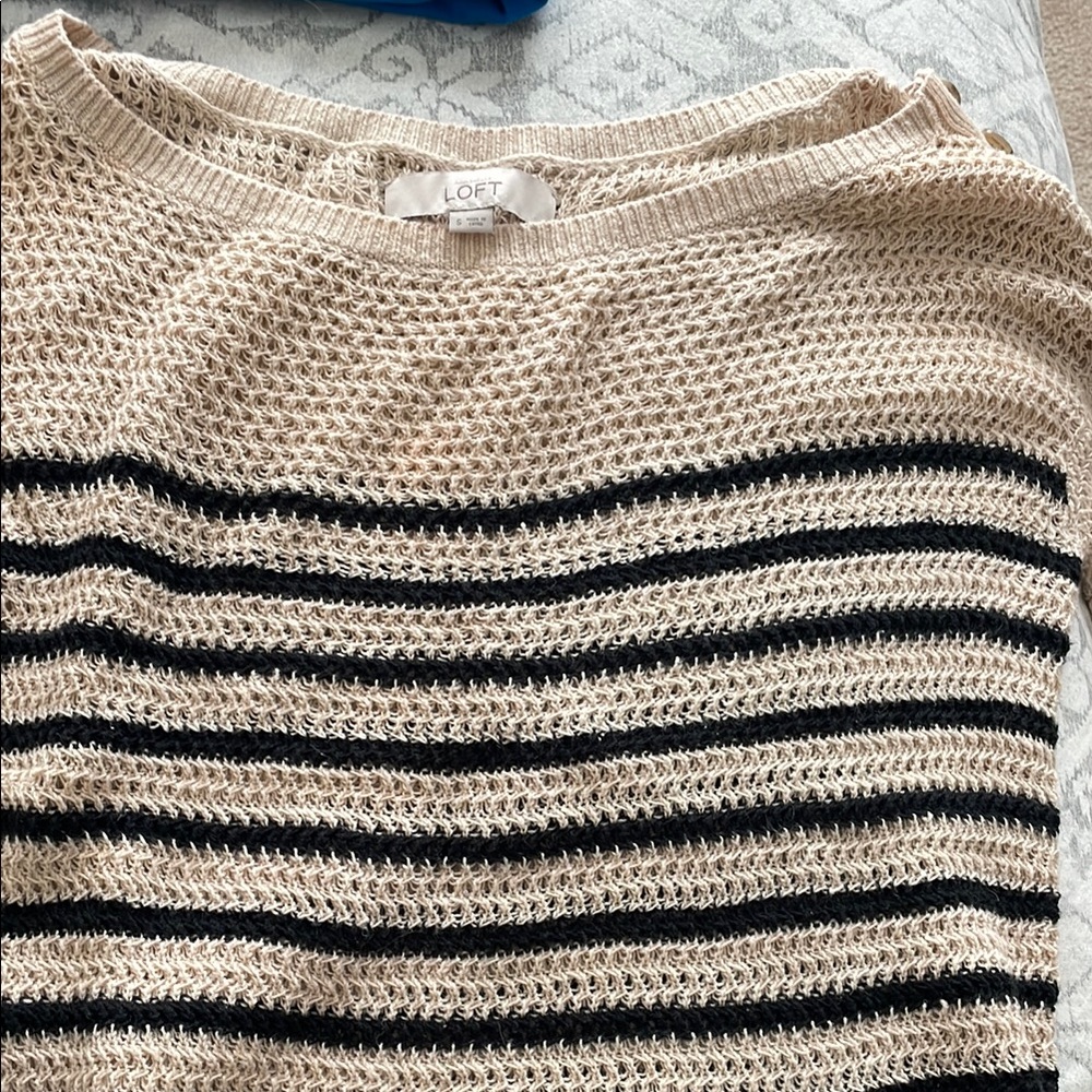 LOFT Cream and Black Crew Neck Sweater with Stripes